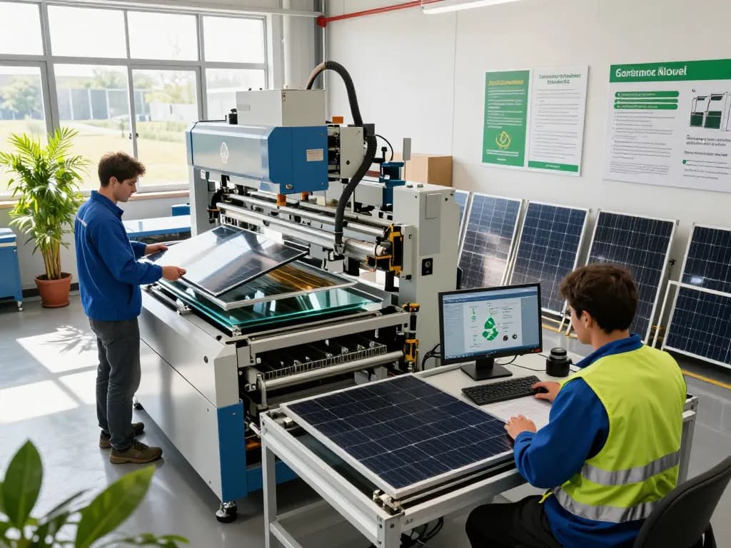 Workers in a solar panel recycling plant efficiently processing materials for recycling van zonnepanelen.