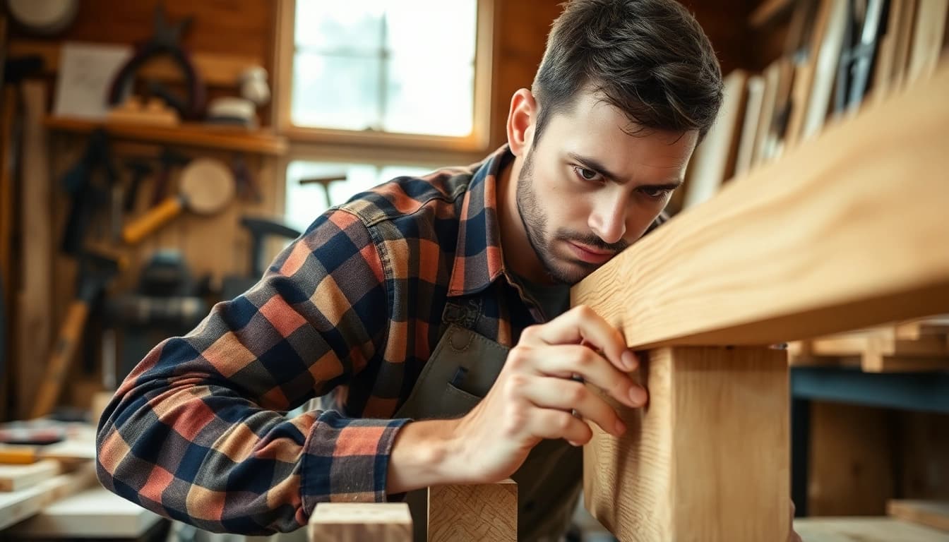Carpenter honing skills in carpentry apprenticeship, showcasing craftsmanship and focus.