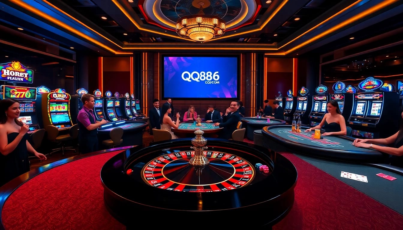 Exciting casino gameplay at QQ88 COM featuring roulette, poker, and vibrant slot machines.