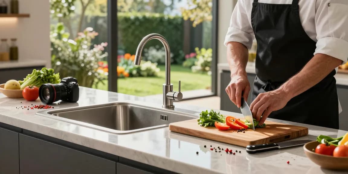 Kitchen sink in stainless steel with chef preparing fresh vegetables in a sunlit kitchen