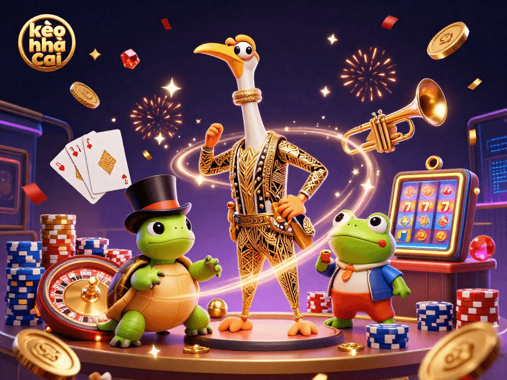 Experience thrilling bets at kèo nhà cái with a dynamic, vibrant casino illustration of characters celebrating wins.