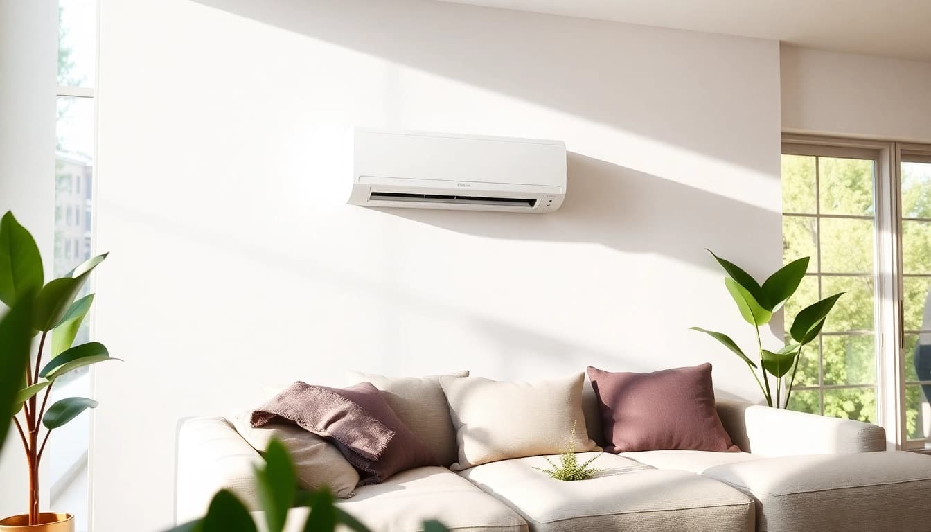View a Mitsubishi mini split AC elegantly placed in a modern living room setup.