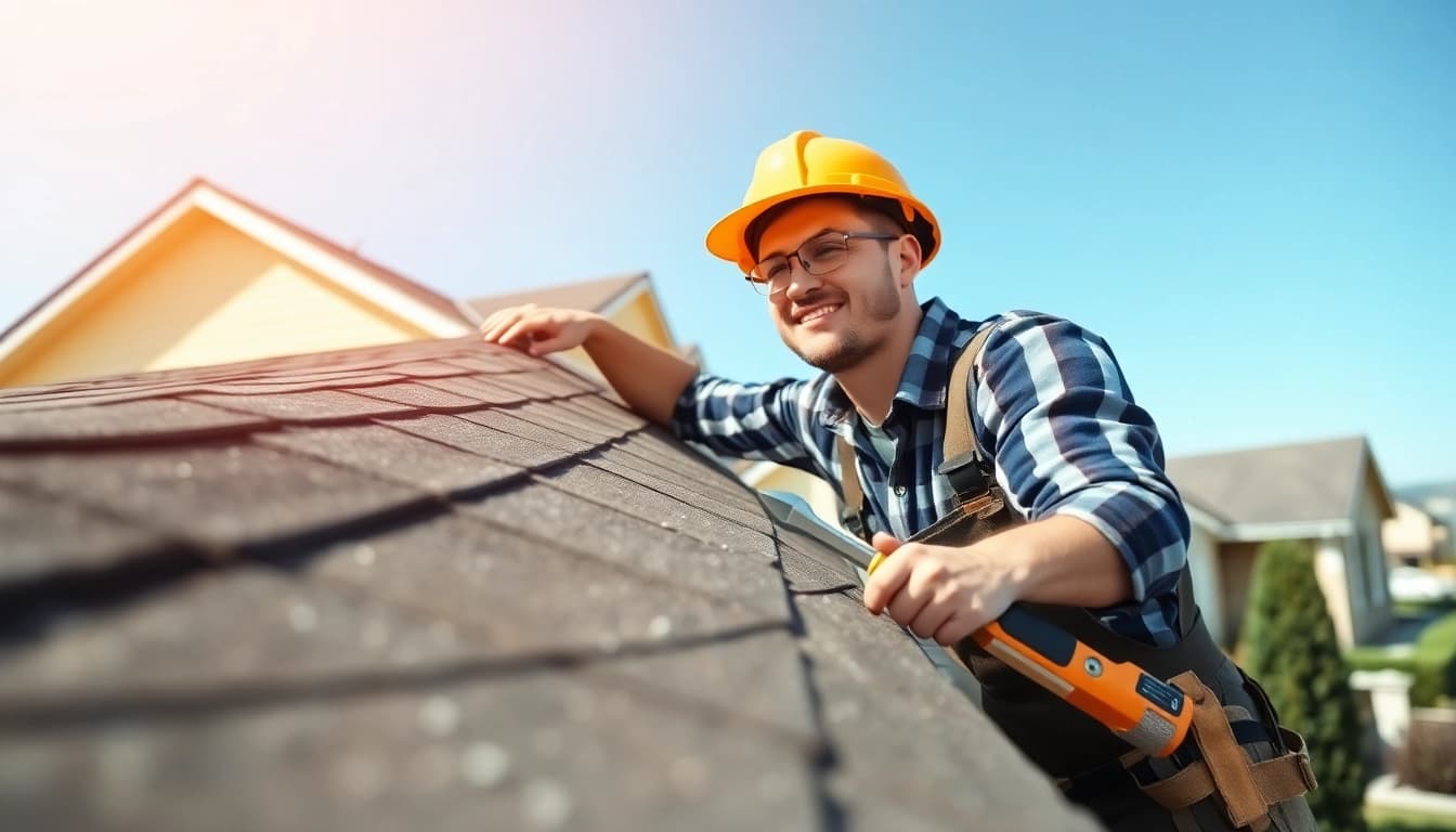 Roofing contractor inspecting a residential roof, showing expertise and professionalism.