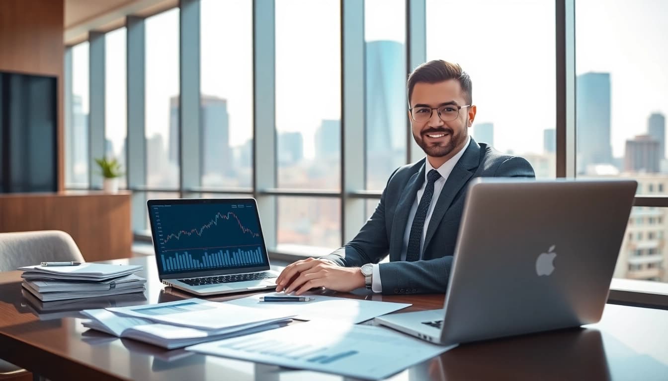 Wealth planner at an office desk showing financial documents and stock graphs, showcasing expertise.