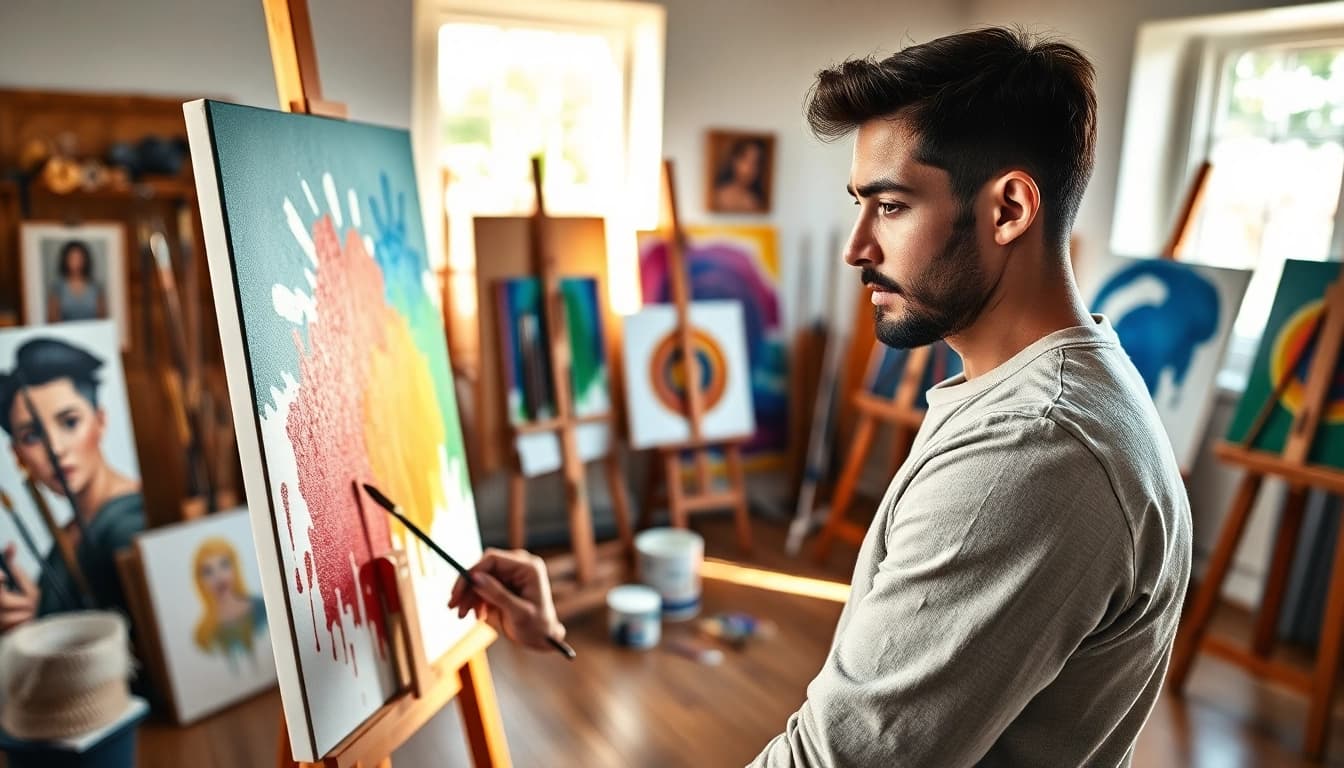 Demonstrating painting apprenticeship techniques in a bright, creative studio.