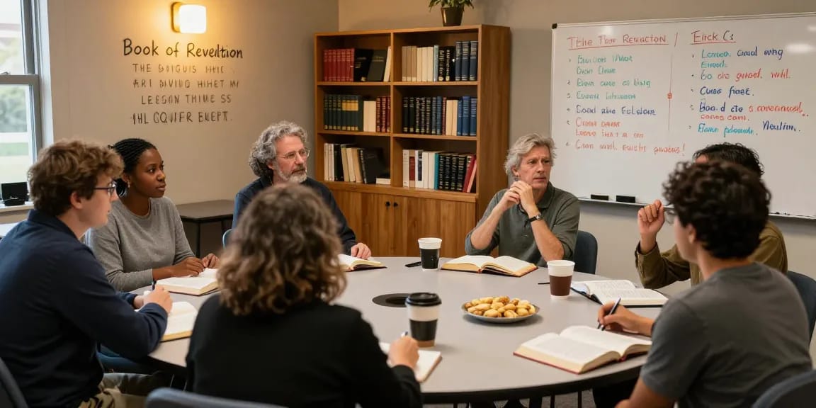 Participants engaging in a Revelation-Explained study discussion, highlighting community and understanding of scripture.