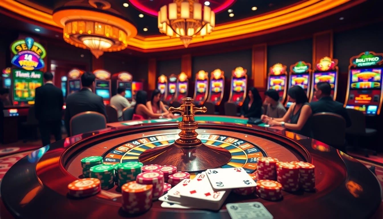 Exciting scene at nhà cái zbet with players enjoying roulette and poker amidst luxury casino ambiance.