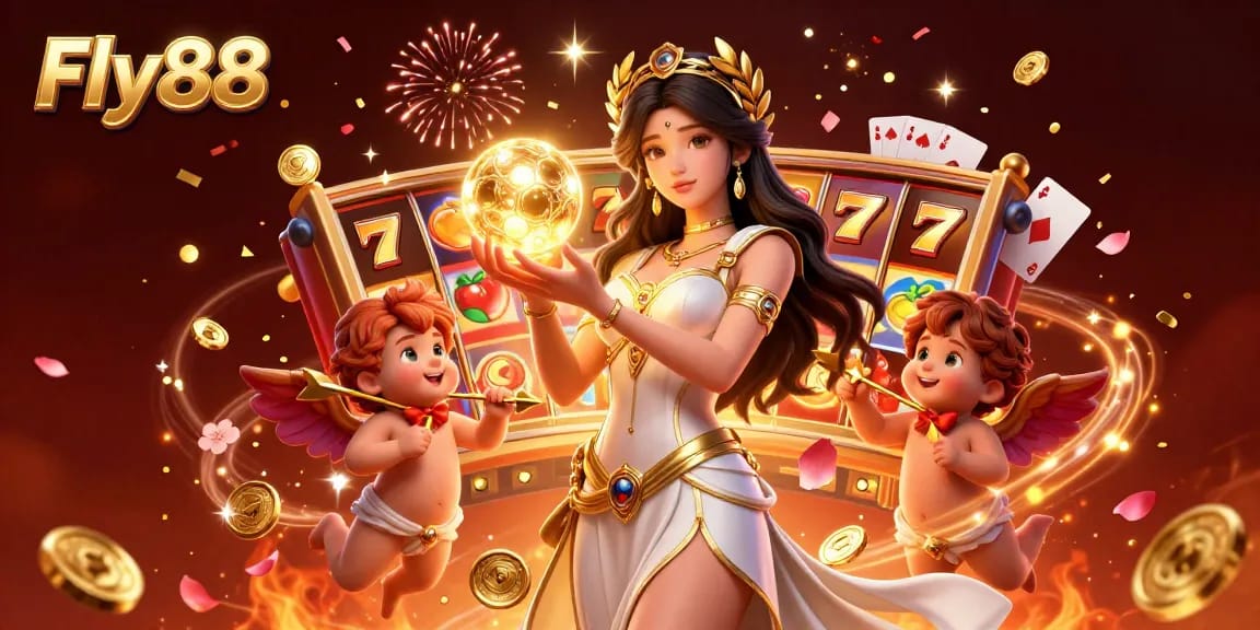 Experience the magic of Fly88 with a vibrant 3D illustration showcasing casino excitement and rich game elements.