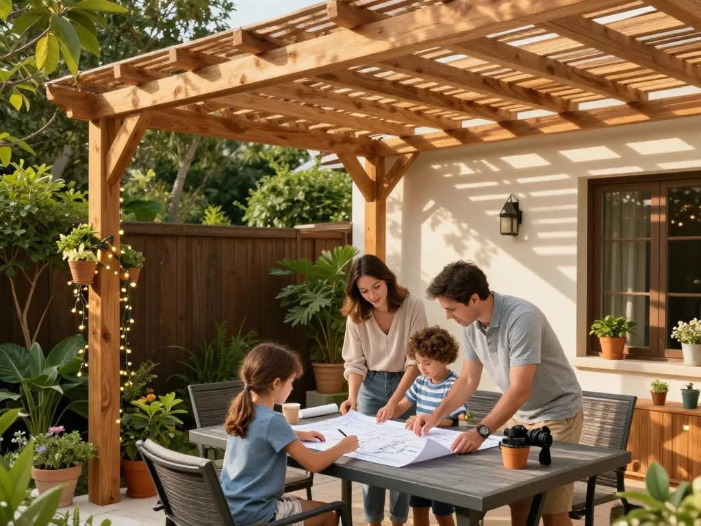 3D pergola configurator in use as family designs their ideal outdoor living space.