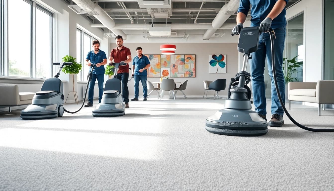 Service team operating commercial carpet cleaners in a bright, modern office environment.