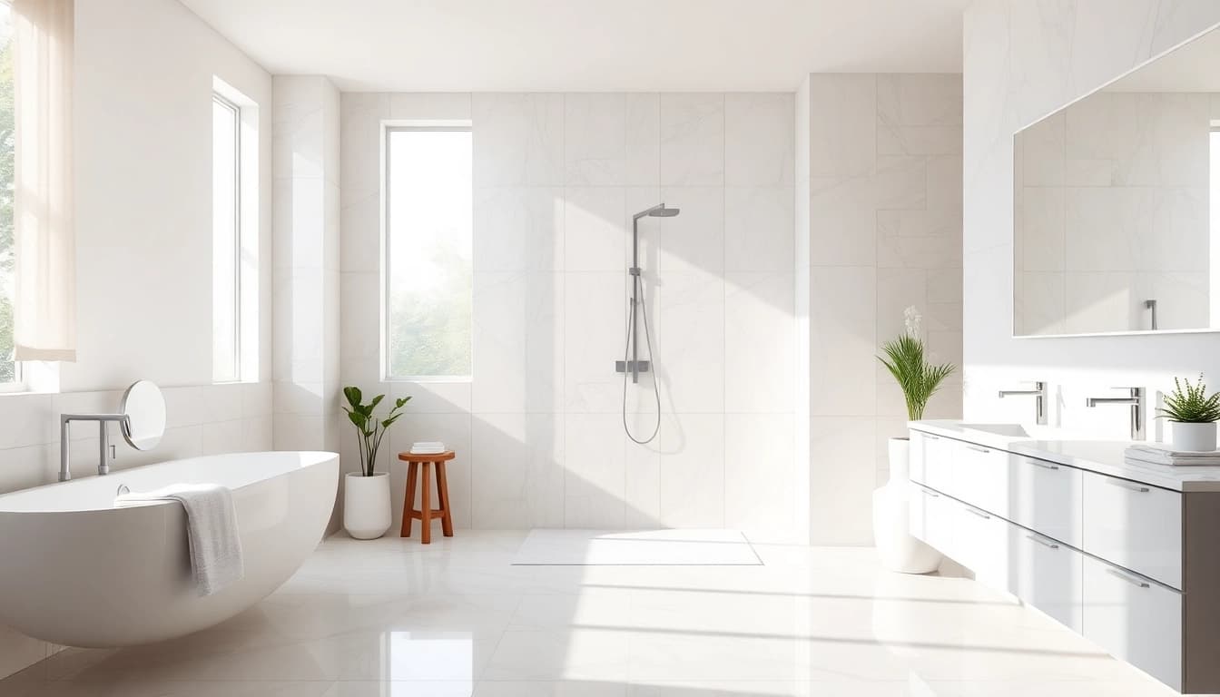 Experience elegant showers au with a stunning modern bathroom design featuring luxurious finishes.