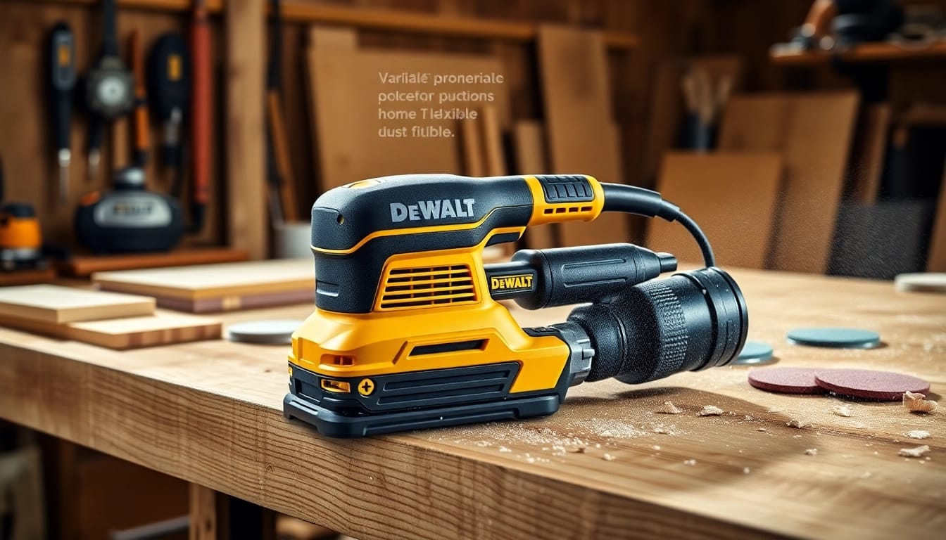 The DeWalt DWE6423 sander demonstrating its powerful and ergonomic design during wood finishing.
