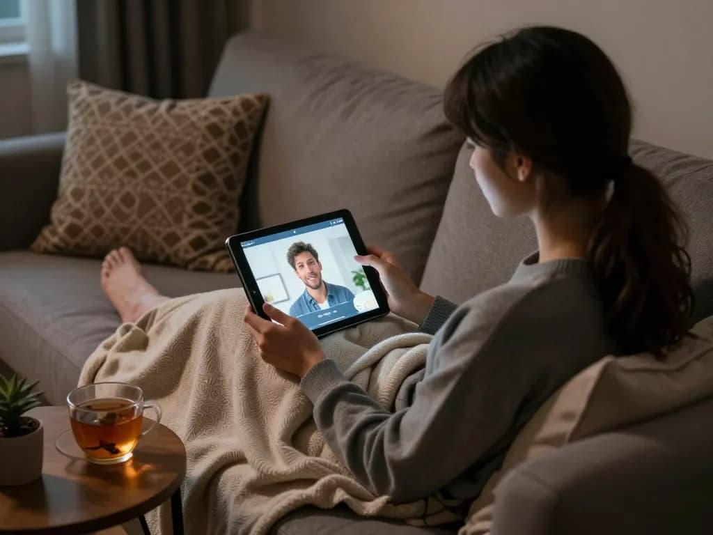 Engaging in free AI sex chat on a cozy sofa with a virtual companion.