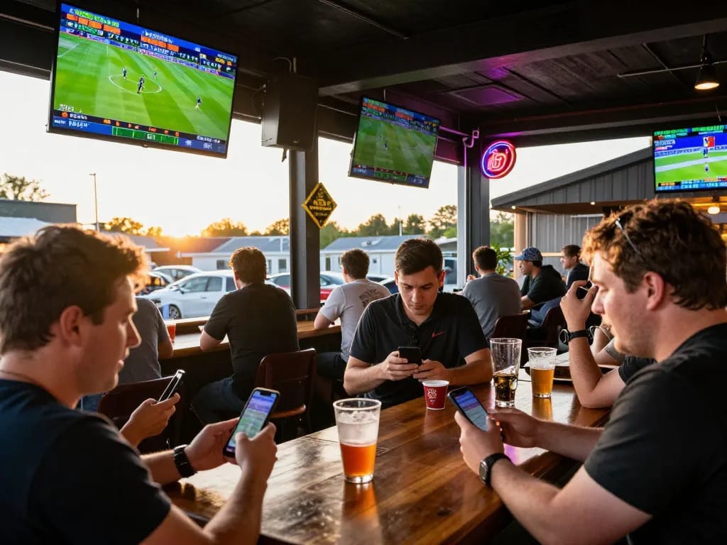 Excited friends placing sports bets at https://fc88.today during game day at a lively sports bar