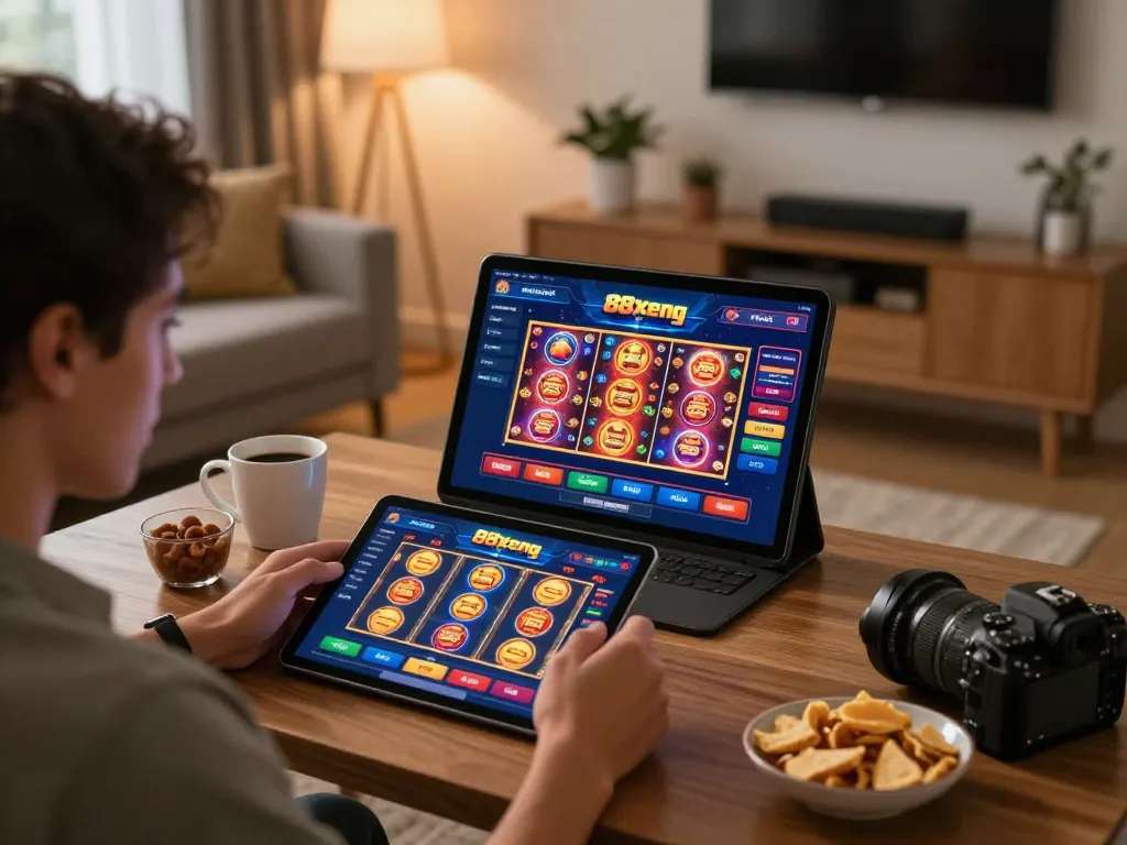 Engaging moment of player exploring 88xeng app on tablet in cozy home setting