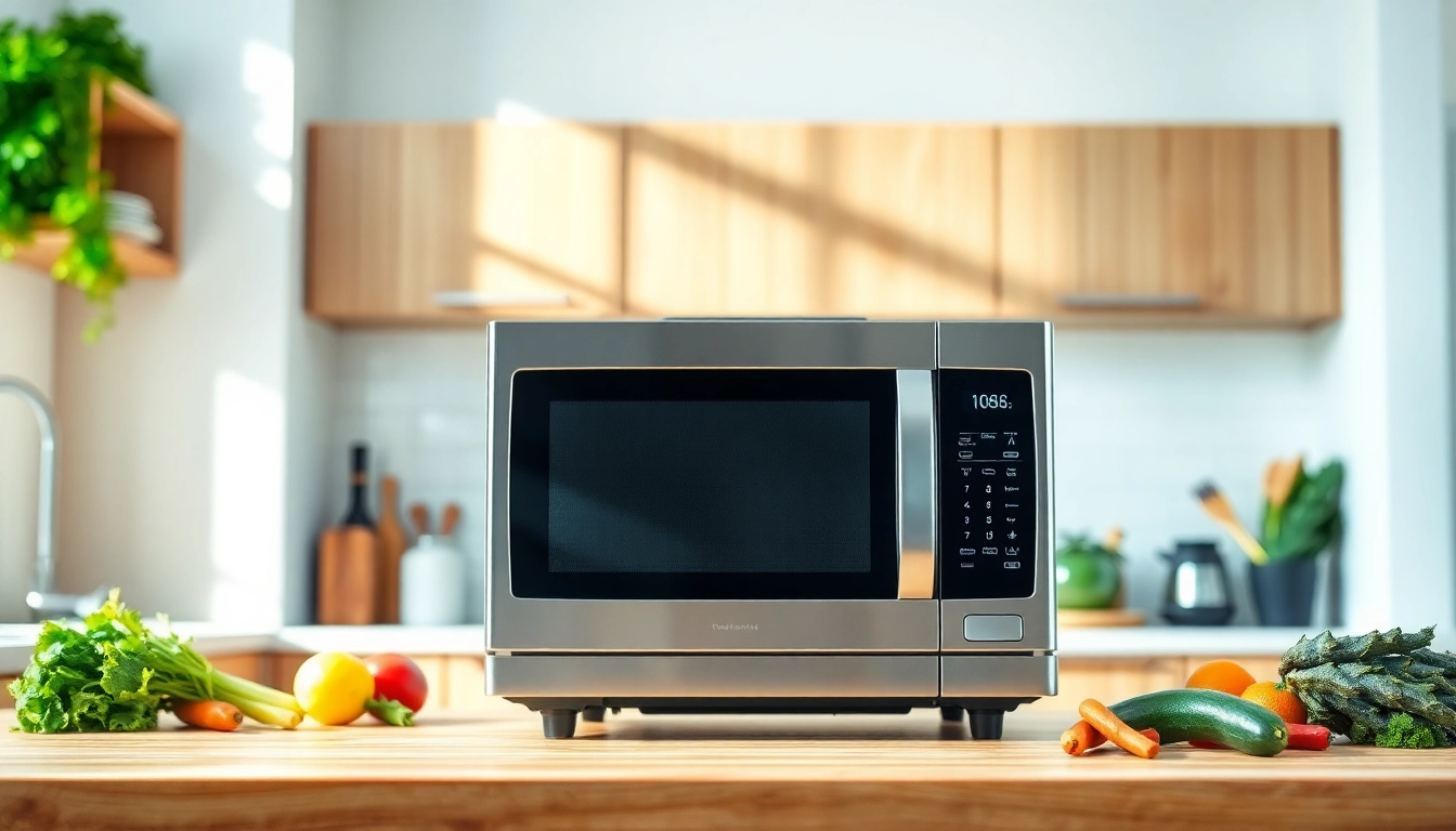 Showcase of Microwave Oven Sales with a sleek microwave in a bright modern kitchen.