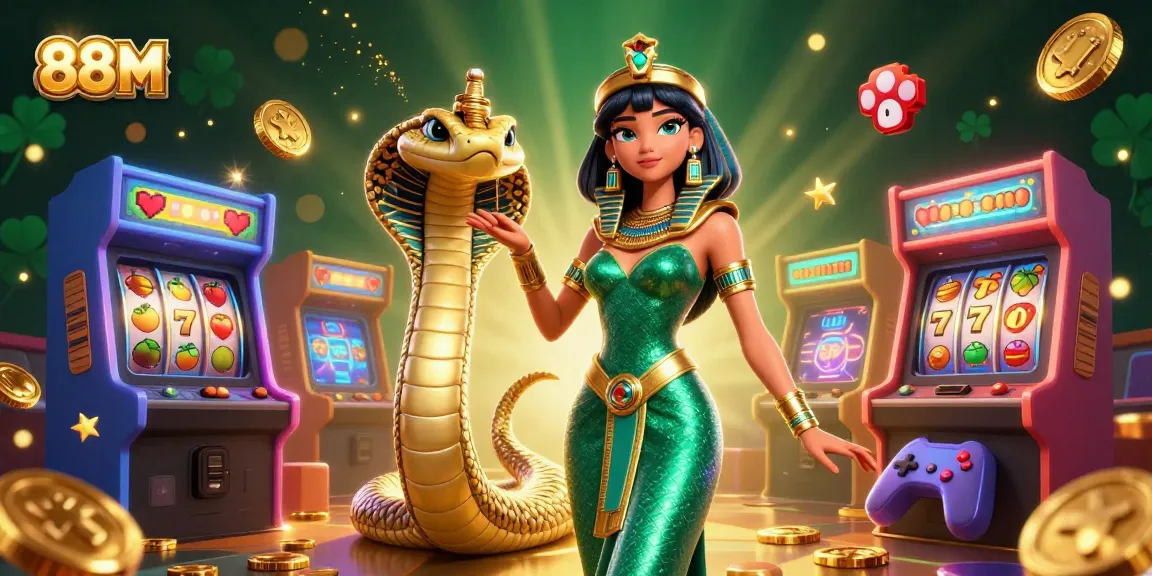 Play engaging games at 88M with a glamorous woman and a golden cobra companion amidst colorful slot machines.