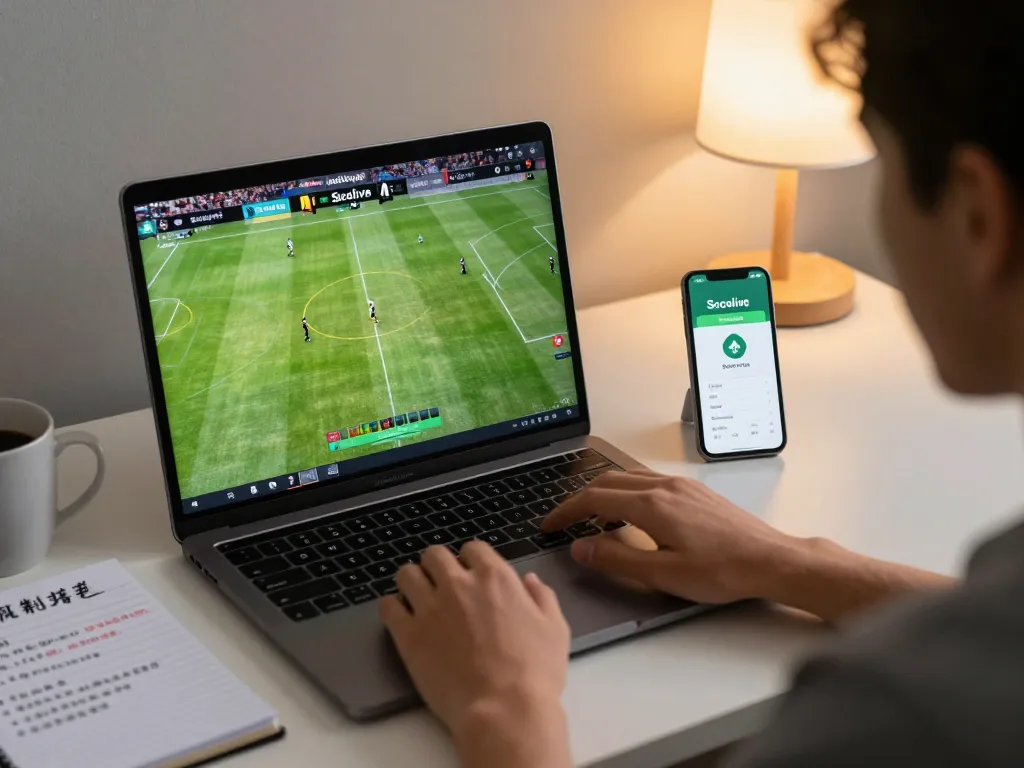 Socolive live soccer match streaming setup on a laptop, showcasing an engaging home experience.