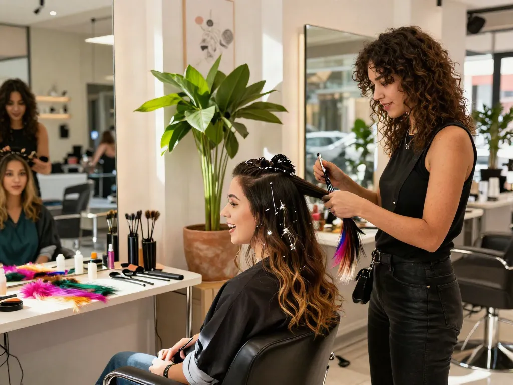 Transforming a client's look with feather tip hair extensions in a trendy salon