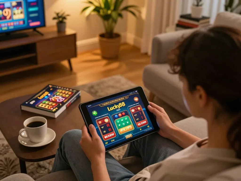 Engage in lucky88 casino gameplay at home on a tablet, cozy atmosphere with strategy notes.
