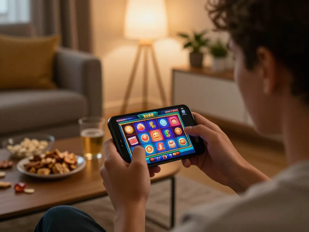 Xo88 casino player celebrating a win on mobile app in a cozy living room setting.