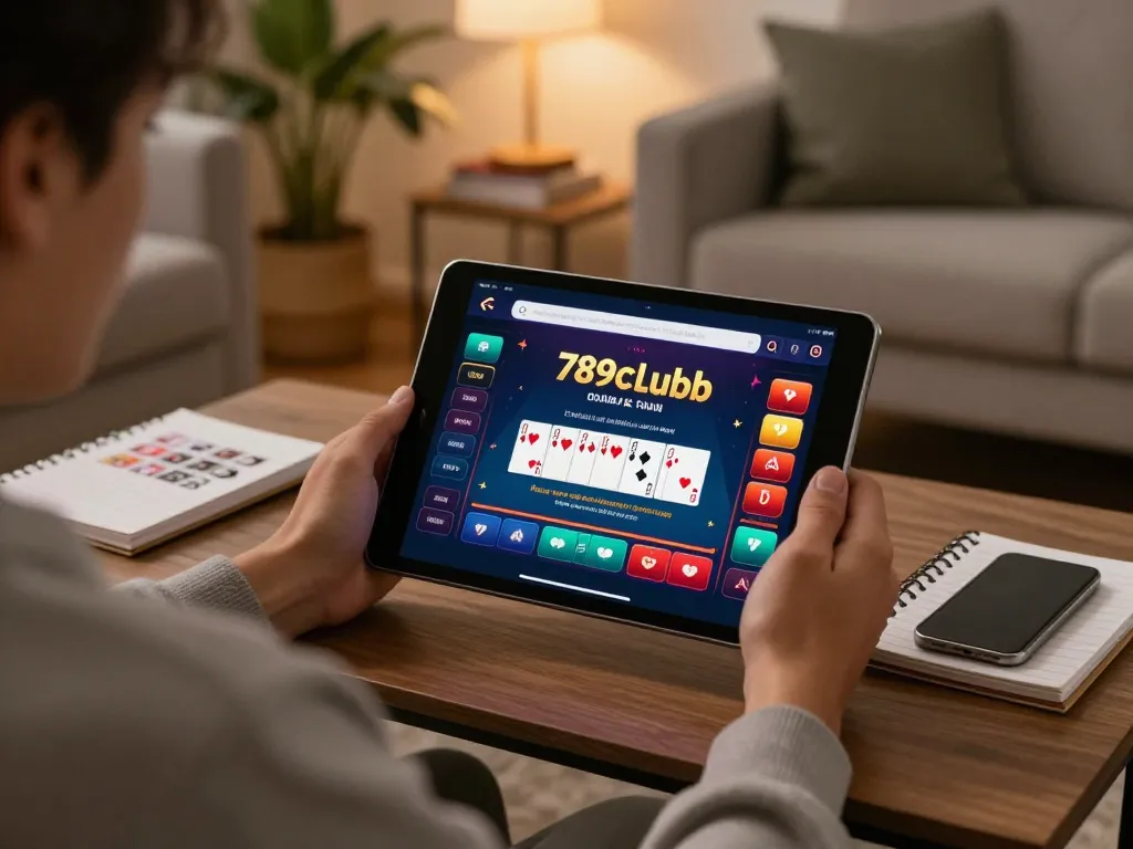 A person engaging in online gaming at 789clubb, seated in a cozy living room with poker interface displayed.