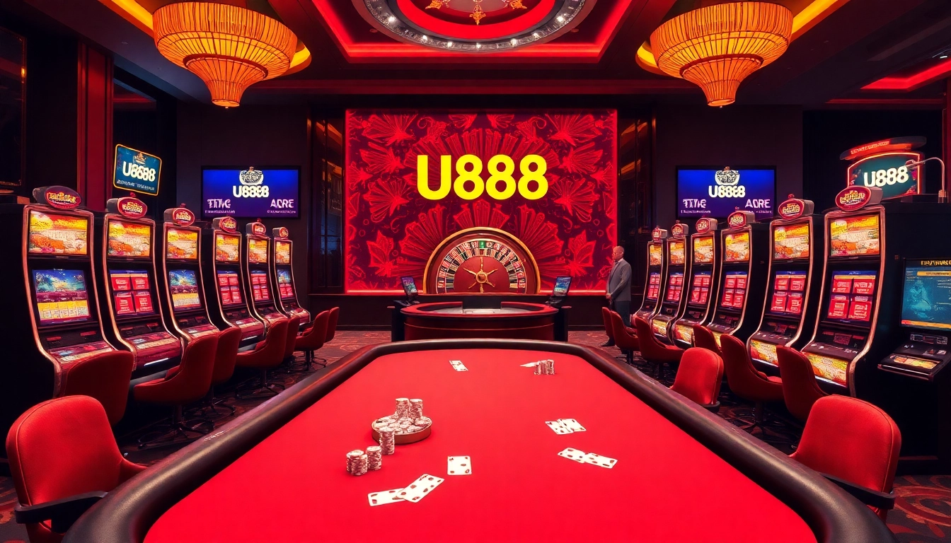 U888 players enjoying professional casino games at an elegant poker table and vibrant slots.
