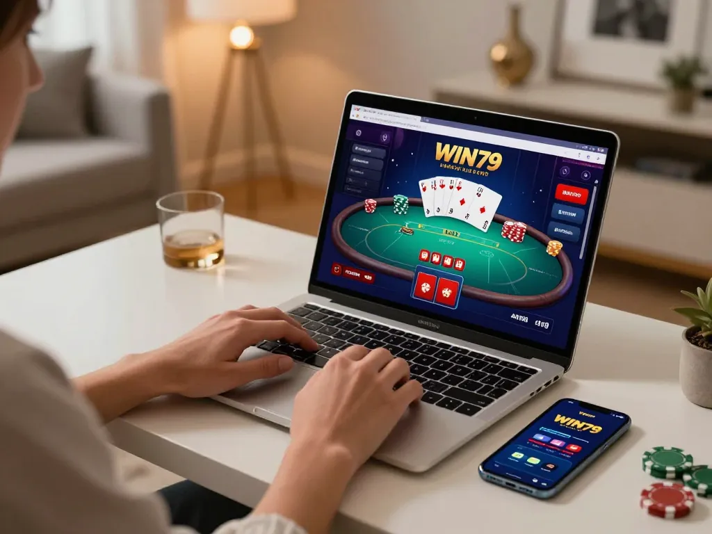 WIN79 user enjoying online poker game on laptop at stylish home desk.