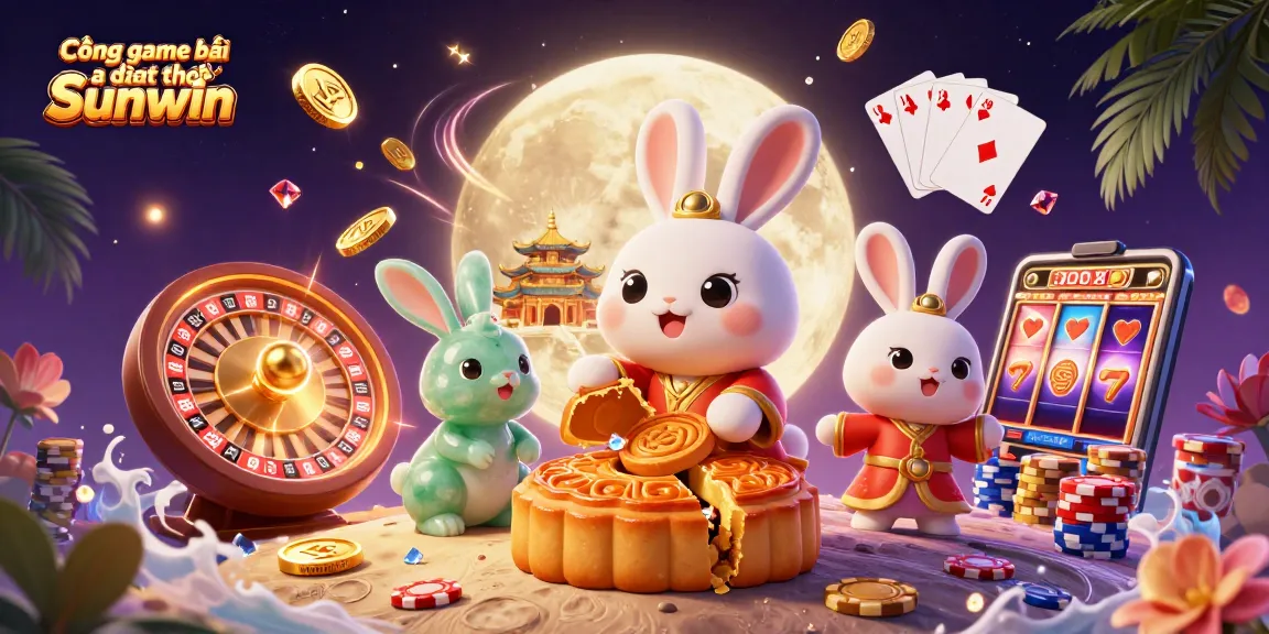 Cổng game bài đổi thưởng Sunwin offers a thrilling experience with dynamic casino-themed illustration, showcasing engaging characters and vibrant game elements.
