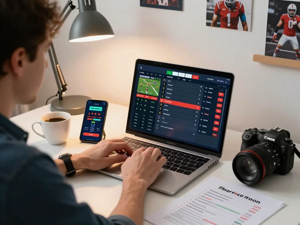 Person engaging in RR88 SELECT sports betting from a home office setup, showcasing laptop with live odds and strategies.