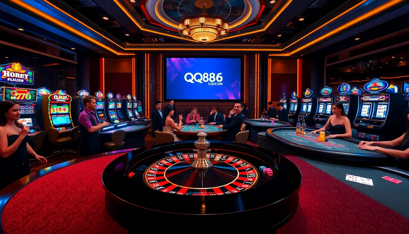 Exciting casino gameplay at QQ88 COM featuring roulette, poker, and vibrant slot machines.