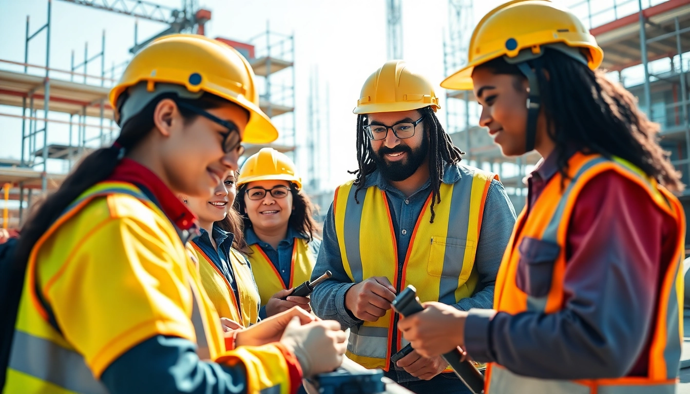 Engaged trainees participate in construction apprenticeship training at a vibrant construction site.