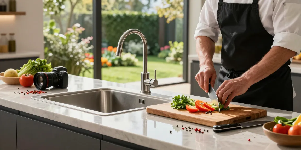 Kitchen sink in stainless steel with chef preparing fresh vegetables in a sunlit kitchen