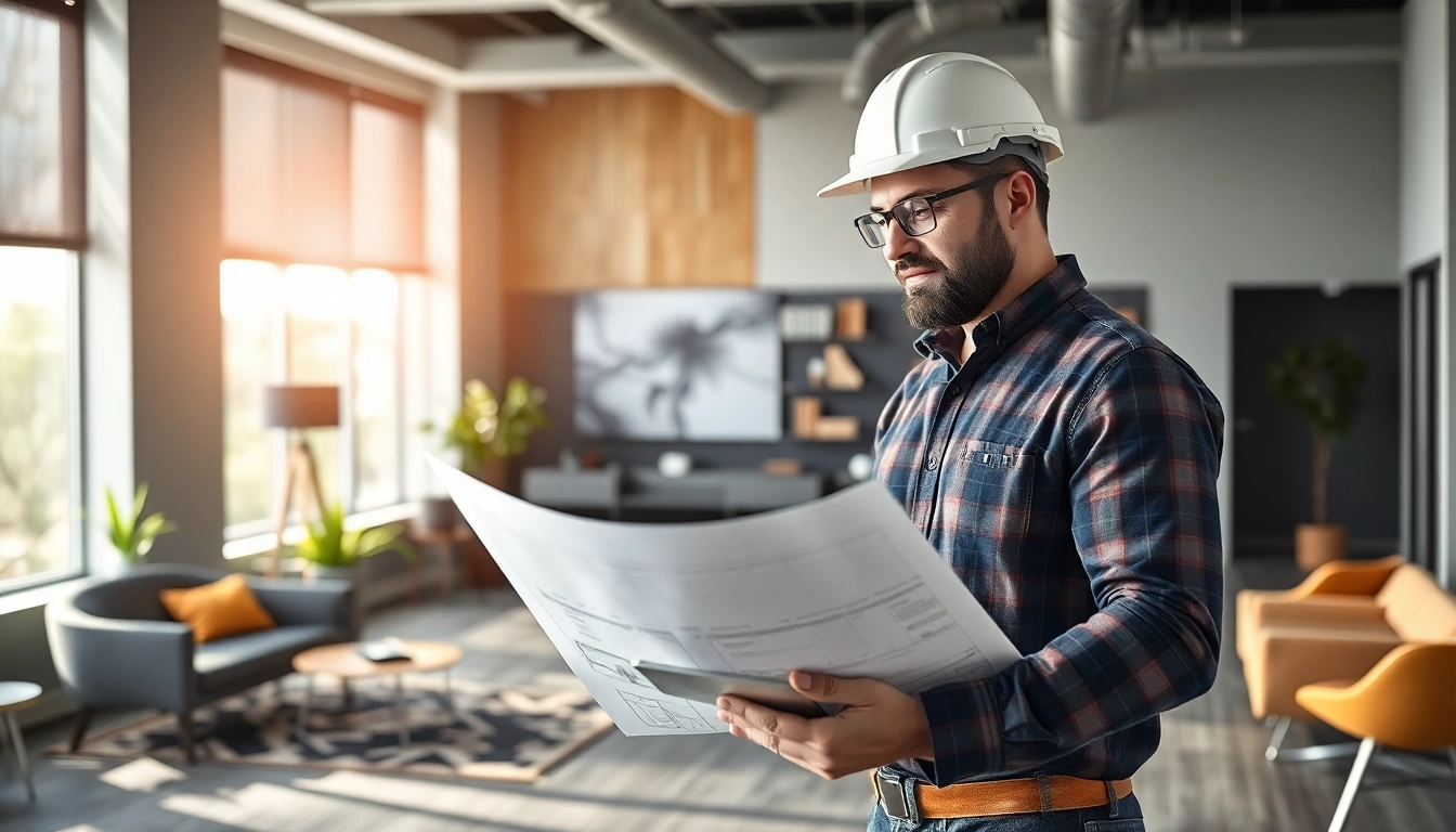 Austin commercial remodeling contractor examining blueprints in a modern office project.
