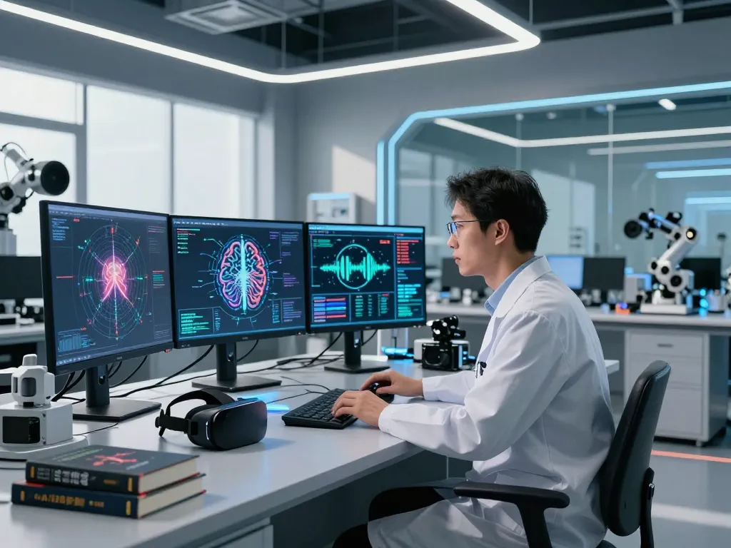 Professional working on mind control AI in a futuristic lab with advanced technology.