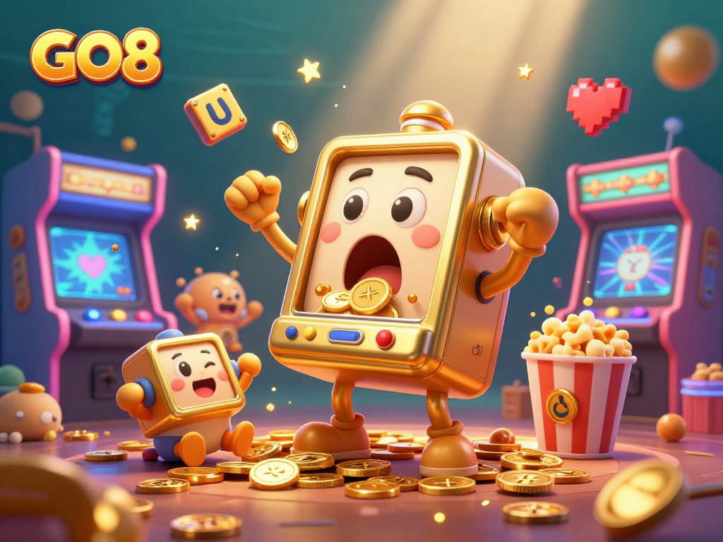 GO8 slots jackpot scene with a golden slot machine celebrating, baby slots cheering, and game elements around