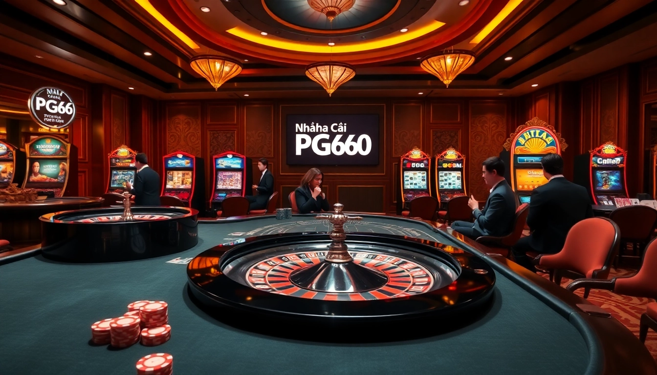 A thrilling betting scene at Nhà Cái PG66 showcasing poker chips, cards, and a spinning roulette wheel.