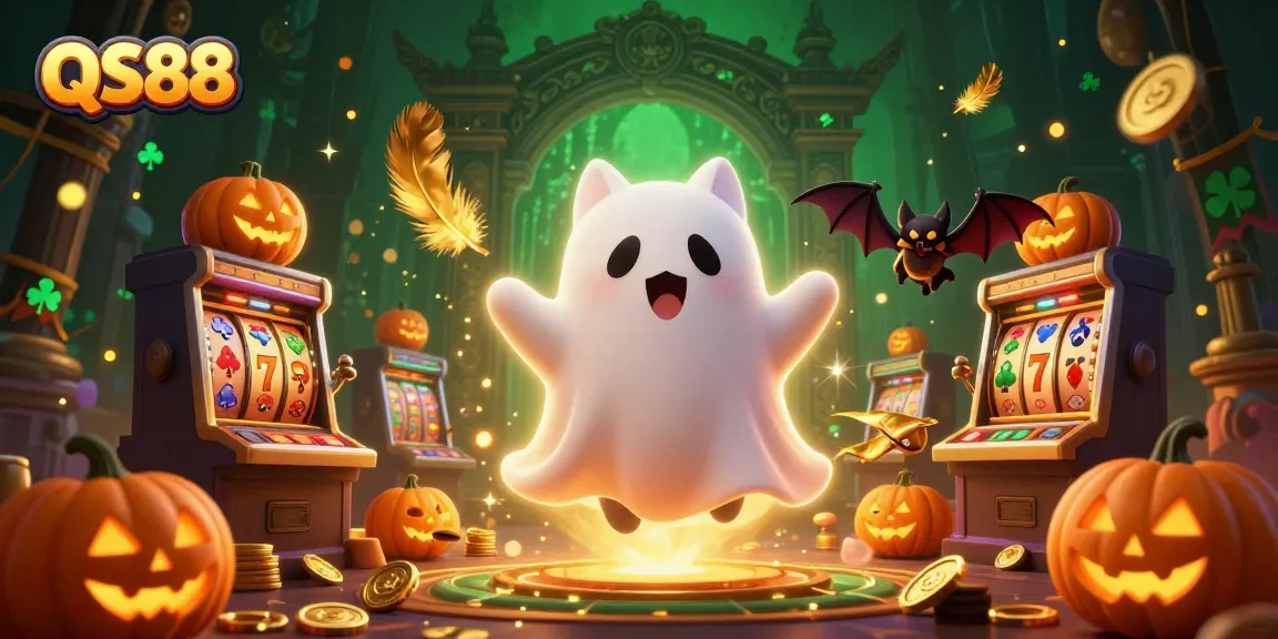 Experience the thrill of QS88 with a ghost cat and bat in a haunted casino scene.