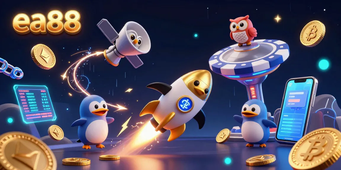 ea88 penguin character showcasing casino elements while flying in space with vibrant designs.