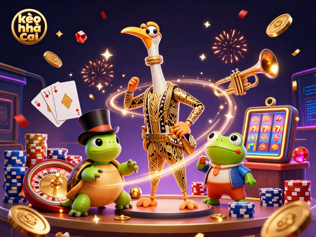 Experience thrilling bets at kèo nhà cái with a dynamic, vibrant casino illustration of characters celebrating wins.