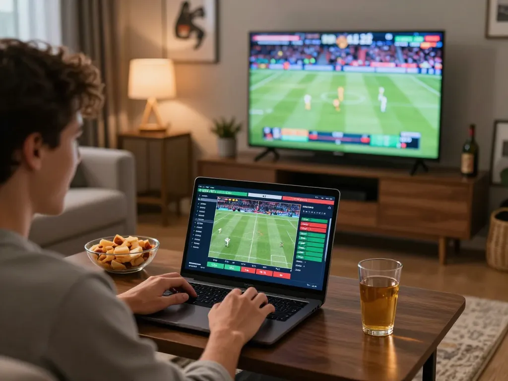 Placing sports bets online with tỷ lệ nhà cái visible on the betting interface in a cozy home setting.
