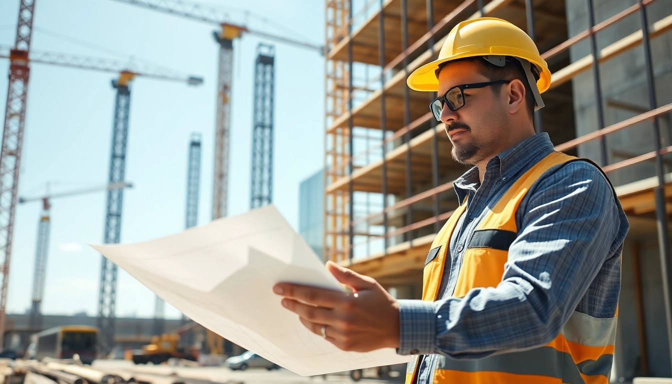 New Jersey Construction Manager assessing plans on a vibrant construction site.