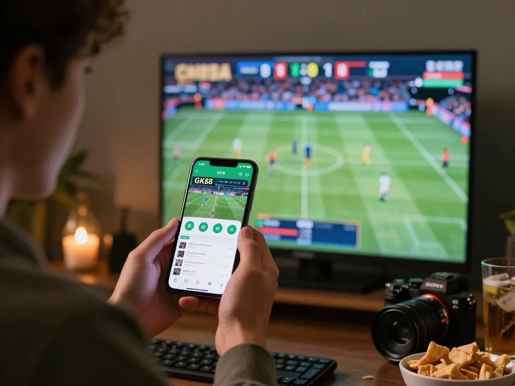 Betting on sports using the GK88 app on a smartphone in a stylish home setting.