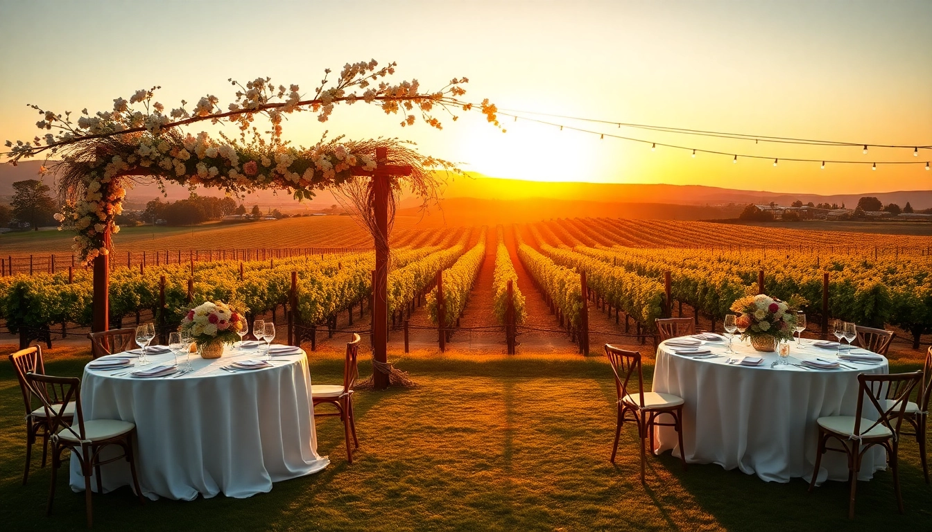 Stunning outdoor wedding venue California with rustic arch and vibrant florals under a sunset sky.
