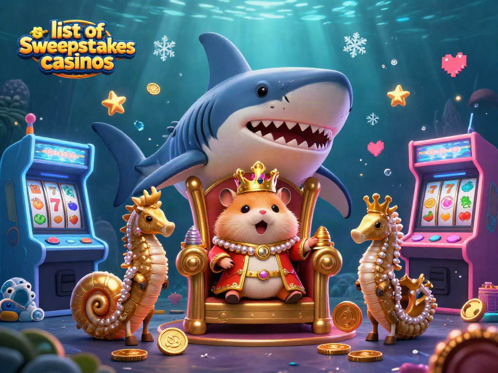 Engage with the mesmerizing underwater kingdom featuring the list of sweepstakes casinos illustrated by a fierce hamster king and vibrant game elements.