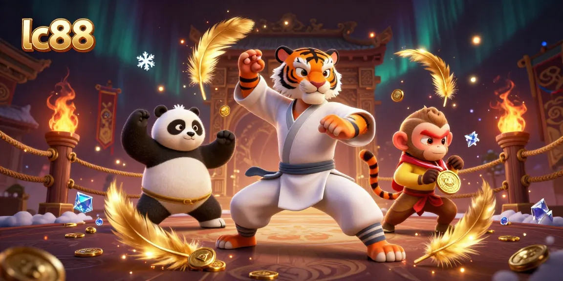 Join the action at lc88, witnessing a kung fu tiger master and playful panda in an exciting casino scene.
