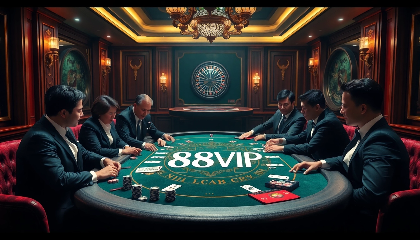 Players enjoying a thrilling poker game at Nhà Cái 68VIP casino, showcasing excitement and luxury.