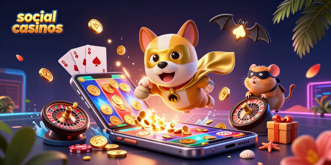 Engage with social casinos through a vibrant 3D cartoon illustration featuring a flying superhero dog.