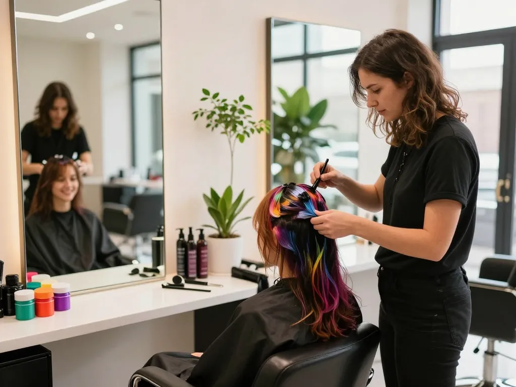 Hair colour specialist applying rich dye in vibrant salon setting.