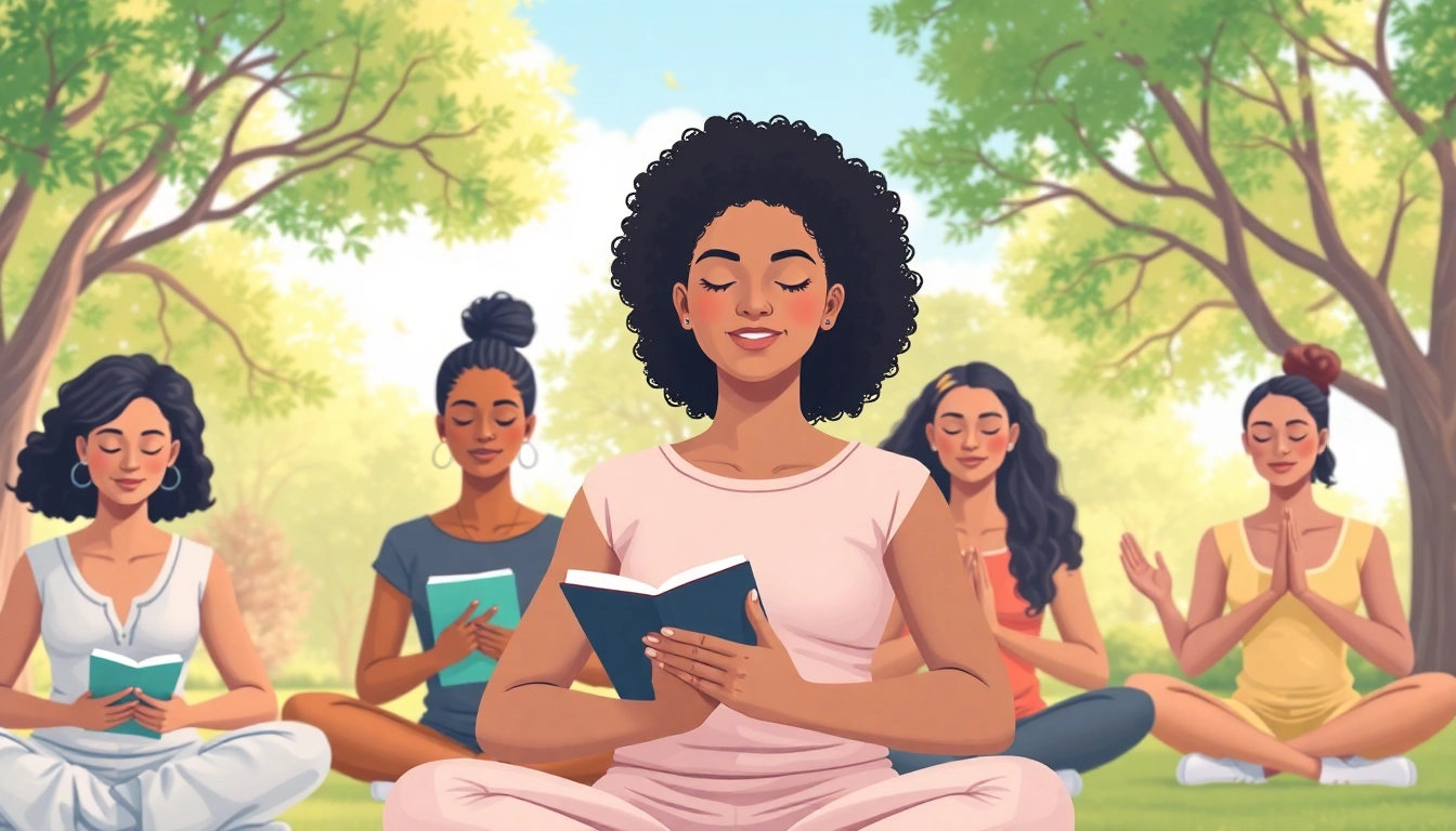 Mental health tips illustrated with individuals practicing mindfulness in a serene park.
